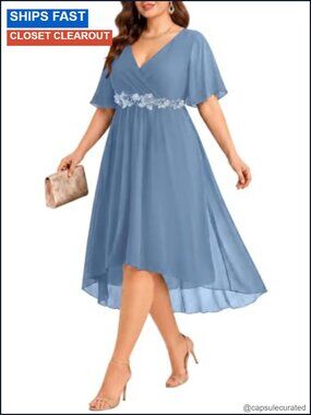 Plus Size Chiffon High Low Wedding Guest Dress V Neck Short Sleeve